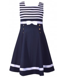 Bonnie Jean Navy Wt Navy/White Striped Bodice Fit And Flare Gold Buttons Dress 